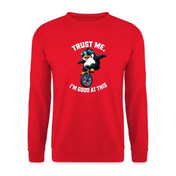 Cooler Pinguin auf Einrad mit Spruch - Unisex Pullover - Rot - Vorne - Alina (178cm) & Michal (187cm)