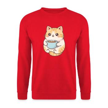 Katze mit Kaffee  - Unisex Pullover - Rot - Vorne - Alina (178cm) & Michal (187cm)
