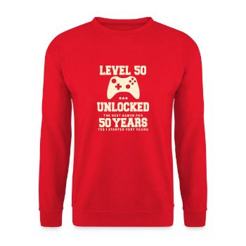 Level 50 Vintage Retro Vintage Jubiläum - Unisex Pullover - Rot - Vorne - Alina (178cm) & Michal (187cm)