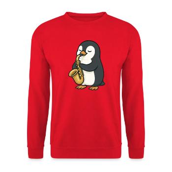 Niedlicher Pinguin Saxophonist Jazzmusik Cartoon - Unisex Pullover - Rot - Vorne - Alina (178cm) & Michal (187cm)