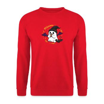 Süßer Geist Halloween mit Mütze und Kaffee  - Unisex Pullover - Rot - Vorne - Alina (178cm) & Michal (187cm)