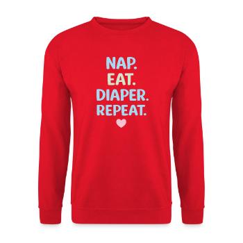 SIESTE, MANGE LA COUCHE ET RECOMMENCE Chemise – Drôle de Baby Saying - Sweat-shirt Unisexe - rouge - Devant - Alina (178cm) & Michal (187cm)
