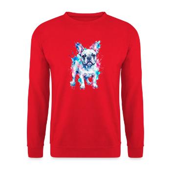 Farbenfroher Hund: Aquarell Kunst Design - Unisex Pullover - Rot - Vorne - Alina (178cm) & Michal (187cm)