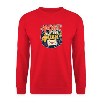 Post statt Push – Retro Briefeschreiben - Unisex Pullover - Rot - Vorne - Alina (178cm) & Michal (187cm)