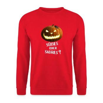 Süßes oder Saures - Kürbis mit Spinne - Unisex Pullover - Rot - Vorne - Alina (178cm) & Michal (187cm)