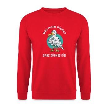 Möwe „Moin Digga? Ganz dünnes Eis!“ - Unisex Pullover - Rot - Vorne - Alina (178cm) & Michal (187cm)
