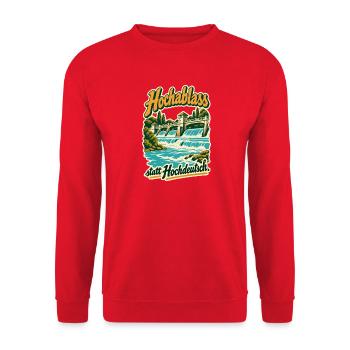 Hochablass statt Hochdeutsch - Unisex Pullover - Rot - Vorne - Alina (178cm) & Michal (187cm)