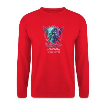 Totenkopf Neon, Synthwave, Cyberpunk, Halloween - Unisex Pullover - Rot - Vorne - Alina (178cm) & Michal (187cm)