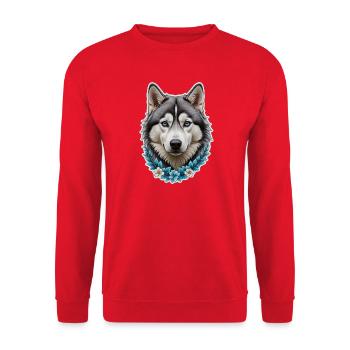 Eisblauer Husky Kopf mit Blumenrahmen - Unisex Pullover - Rot - Vorne - Alina (178cm) & Michal (187cm)