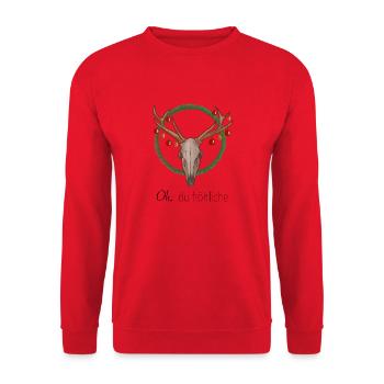 Oh, du fröhliche - Weihnachten Hirsch-Schädel - Unisex Pullover - Rot - Vorne - Alina (178cm) & Michal (187cm)