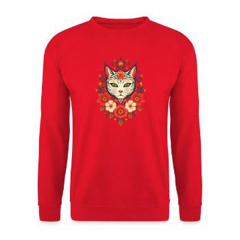 Blumenkatze im Folk-Art Stil - Unisex Pullover - Rot - Vorne - Alina (178cm) & Michal (187cm)