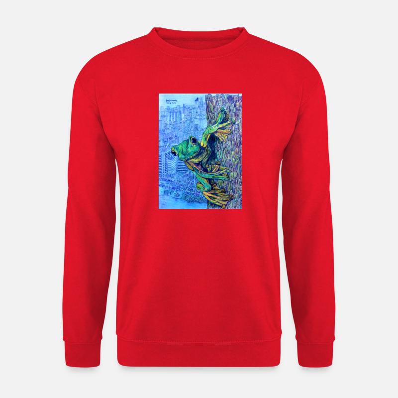 Frosch auf Baum mit Stadtansicht - Unisex Pullover - Rot