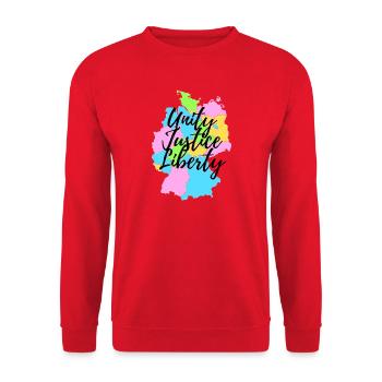 Deutschlandkarte - Einigkeit, Recht & Freiheit 2 - Unisex Pullover - Rot - Vorne - Alina (178cm) & Michal (187cm)