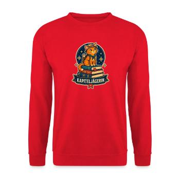 Kapiteljägerin – Bücher & Katze - Unisex Pullover - Rot - Vorne - Alina (178cm) & Michal (187cm)