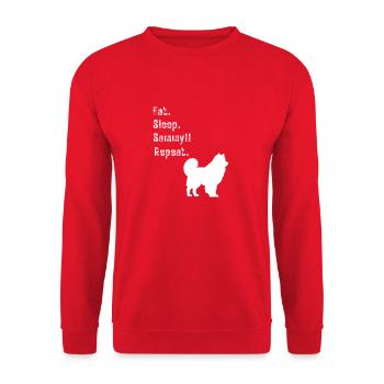 Lustig Essen Schlaf Sammy (Samojede) Wiederholen - Unisex Pullover - Rot - Vorne - Alina (178cm) & Michal (187cm)