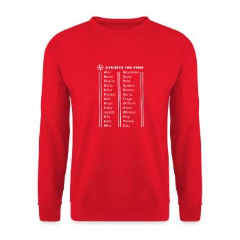Alphabetische Codewörter - Unisex Pullover - Rot - Vorne - Alina (178cm) & Michal (187cm)