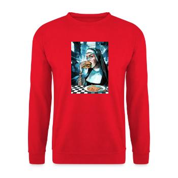 Neon nun bites burger in Cybercity - Unisex Sweatshirt - red - Front - Alina (178cm) & Michal (187cm)
