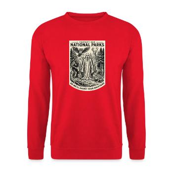 Spukwald-Kryptid-Schild - Unisex Pullover - Rot - Vorne - Alina (178cm) & Michal (187cm)