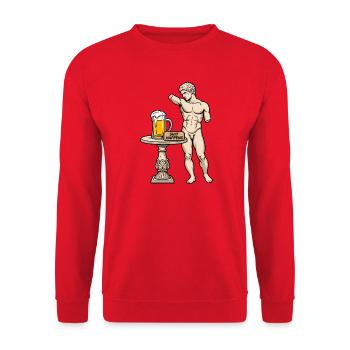  Statue mit Bier und Spruch - Shit happens - Unisex Pullover - Rot - Vorne - Alina (178cm) & Michal (187cm)