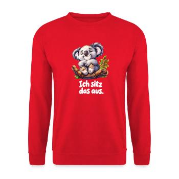 Ich sitz das aus – Lustiger Koala auf einem Ast - Unisex Pullover - Rot - Vorne - Alina (178cm) & Michal (187cm)