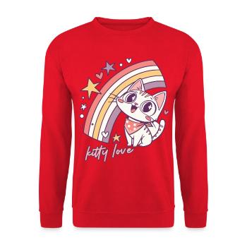 Kitty Love Regenbogenkatze Illustration - Unisex Pullover - Rot - Vorne - Alina (178cm) & Michal (187cm)