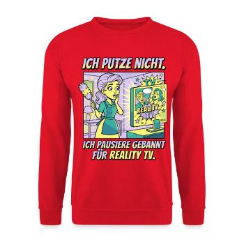 Reality TV Putzpause Humor Design - Unisex Pullover - Rot - Vorne - Alina (178cm) & Michal (187cm)