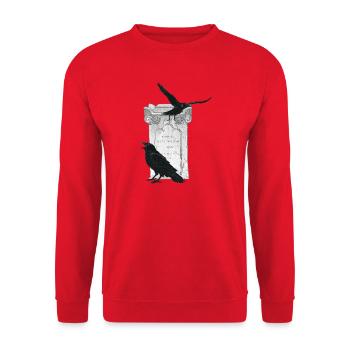 Kolkraben mit Grabstein, Halloween Outfit - Unisex Pullover - Rot - Vorne - Alina (178cm) & Michal (187cm)