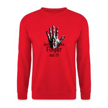 Such Dir einen Finger aus!!! - Unisex Pullover - Rot - Vorne - Alina (178cm) & Michal (187cm)