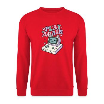 Play Again Katze Retro - Unisex Pullover - Rot - Vorne - Alina (178cm) & Michal (187cm)