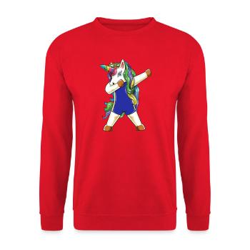 Einhorn-Schwimmer abpuppen Lustiges Sommerschwimmen - Unisex Pullover - Rot - Vorne - Alina (178cm) & Michal (187cm)