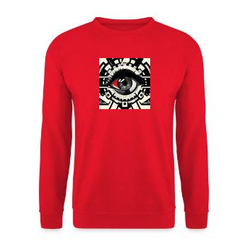 Maschinenauge im Geometrie-Kaleidoskop - Unisex Pullover - Rot - Vorne - Alina (178cm) & Michal (187cm)