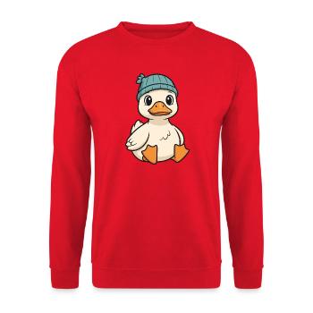 Kuschelige Ente mit Strickmütze - Unisex Pullover - Rot - Vorne - Alina (178cm) & Michal (187cm)
