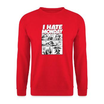 I Hate Monday Sloth Comic - Unisex Pullover - Rot - Vorne - Alina (178cm) & Michal (187cm)