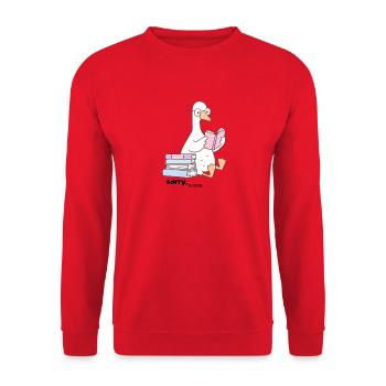 Lesende Gans mit Brille - Unisex Pullover - Rot - Vorne - Alina (178cm) & Michal (187cm)