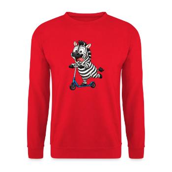 Funny Zebra on Scooter Cartoon - Unisex Sweatshirt - red - Front - Alina (178cm) & Michal (187cm)