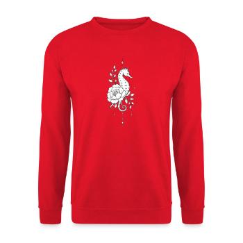 Seepferdchen und Blume in Schwarz und Weiß - Unisex Pullover - Rot - Vorne - Alina (178cm) & Michal (187cm)