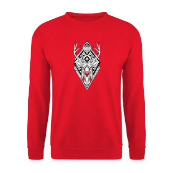Geometrisches Reh auf Rautenmuster - Unisex Pullover - Rot - Vorne - Alina (178cm) & Michal (187cm)