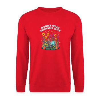 Blühende Freude, summendes Glück – Gärtner Design - Unisex Pullover - Rot - Vorne - Alina (178cm) & Michal (187cm)