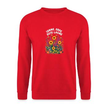 Sonne, Erde, gute Laune – Fröhliches Gärtner  - Unisex Pullover - Rot - Vorne - Alina (178cm) & Michal (187cm)