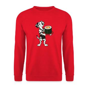 Dalmatinischer Kellner serviert eine riesige Sushi-Rolle - Unisex Pullover - Rot - Vorne - Alina (178cm) & Michal (187cm)