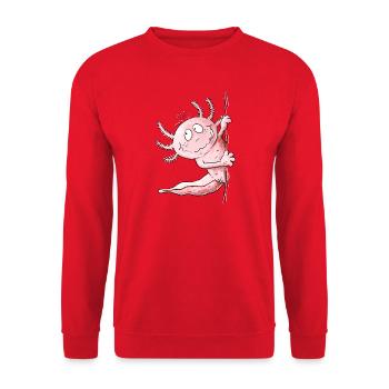 Lustiger Axolotl um die Ecke | Amphibie Geschenk - Unisex Pullover - Rot - Vorne - Alina (178cm) & Michal (187cm)