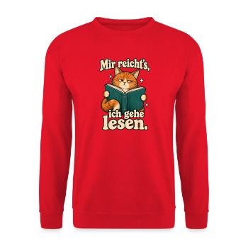 Mir reicht’s, ich gehe lesen – Katze mit Buch - Unisex Pullover - Rot - Vorne - Alina (178cm) & Michal (187cm)