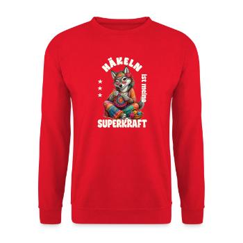 Häkeln ist meine Superkraft - Wolf - Unisex Pullover - Rot - Vorne - Alina (178cm) & Michal (187cm)