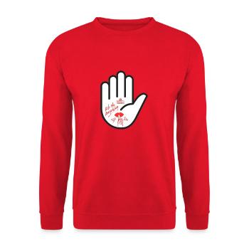 Frag mich nichts. Hand, pssst. - Unisex Pullover - Rot - Vorne - Alina (178cm) & Michal (187cm)