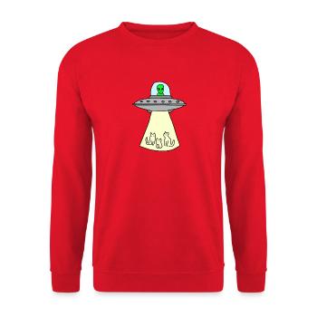 Katze Katzen mit Alien und Ufo - Unisex Pullover - Rot - Vorne - Alina (178cm) & Michal (187cm)
