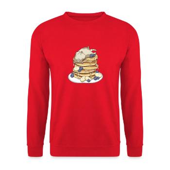 Satte Katze auf Pfannkuchen – Rund & Glücklich - Unisex Pullover - Rot - Vorne - Alina (178cm) & Michal (187cm)
