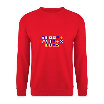 Wasser unterm Kiel im Flaggenalphabet - Unisex Pullover - Rot - Vorne - Alina (178cm) & Michal (187cm)