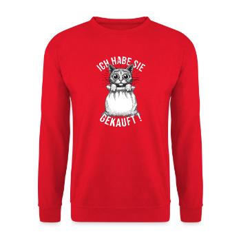 Sprichwort Katze Im Sack kaufen - Unisex Pullover - Rot - Vorne - Alina (178cm) & Michal (187cm)