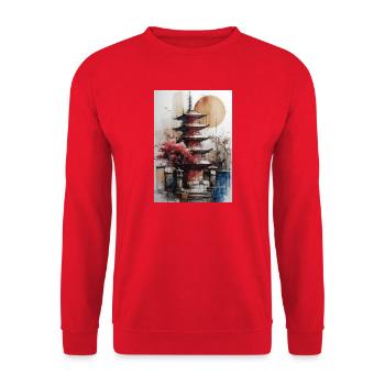 Zen-Sonne-Aquarellpagode - Unisex Pullover - Rot - Vorne - Alina (178cm) & Michal (187cm)