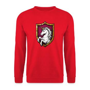 Einhorn Schutzschild Motiv - Unisex Pullover - Rot - Vorne - Alina (178cm) & Michal (187cm)